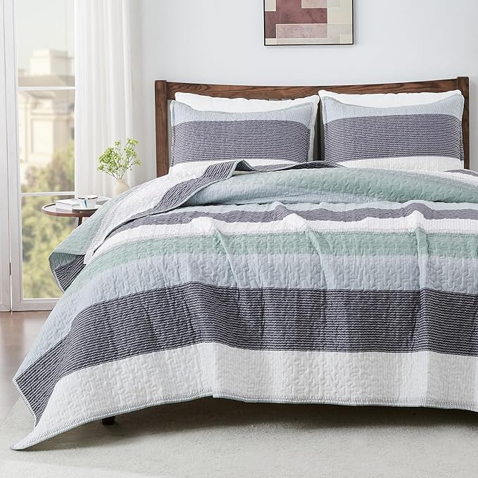 Andency Oversized King Quilt Set Sage Green, 120x120 Stripe Super King by Andency