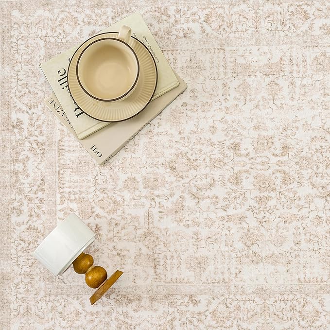Beige Area Rug 6x9 Machine Washable Vintage Living Room Distressed Non Slip - Image 4