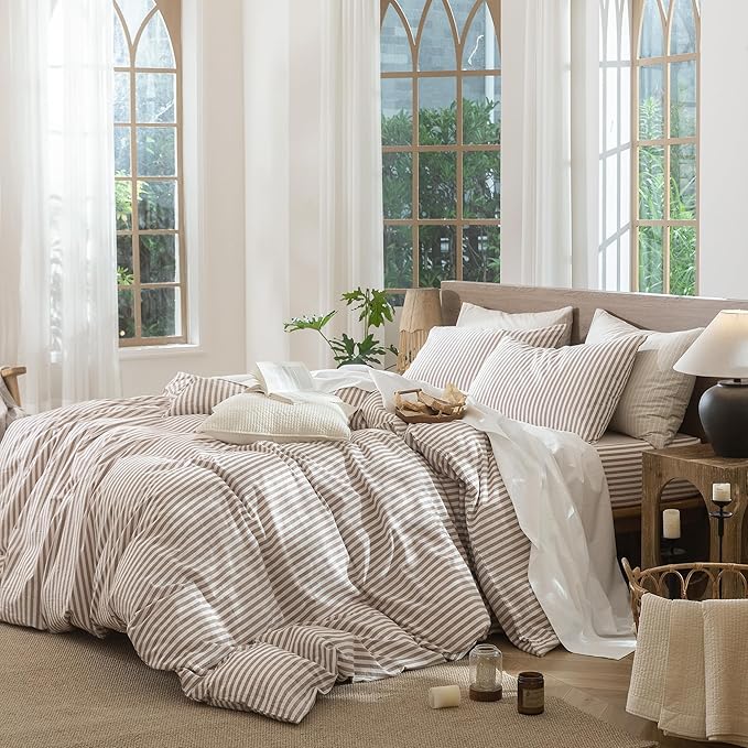 MooMee Striped Duvet Cover Set 100% Washed Cotton Linen Like Textured - Image 3