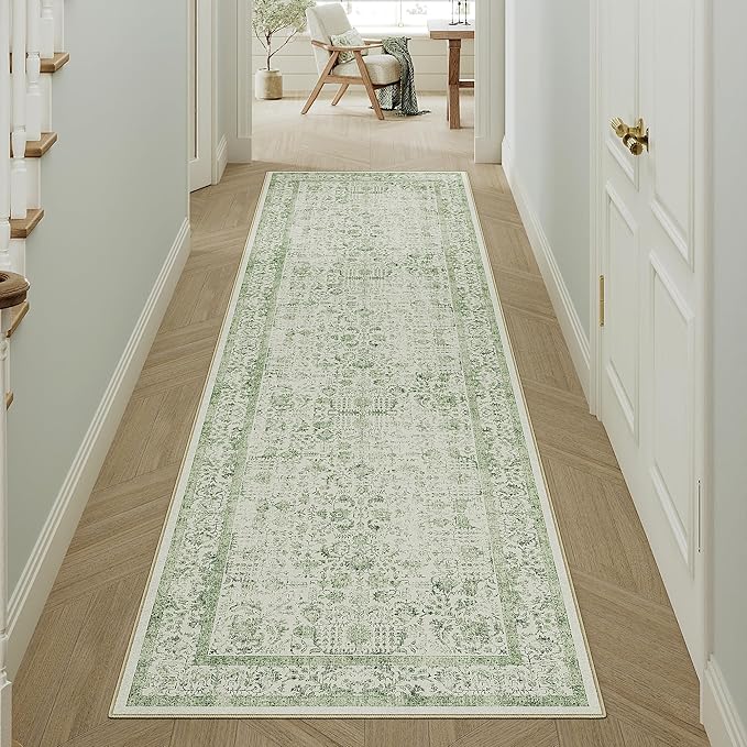 Runner Rug 2x5 Sage Green Hallway Washable Vintage Distressed Kitchen Carpet by PureCozy