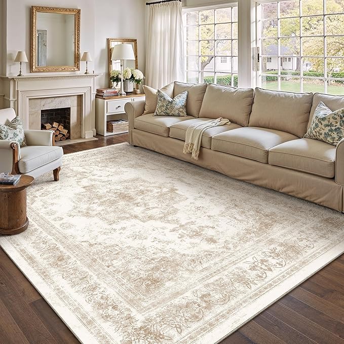 Area Rug 10x12 Cream Washable Living Room Beige Carpet Non Slip Vintage by PureCozy