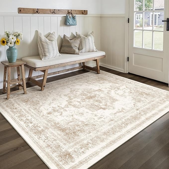 Area Rug 5x7 Cream Washable Living Room Beige Carpet Non Slip Vintage Medallion - Image 5