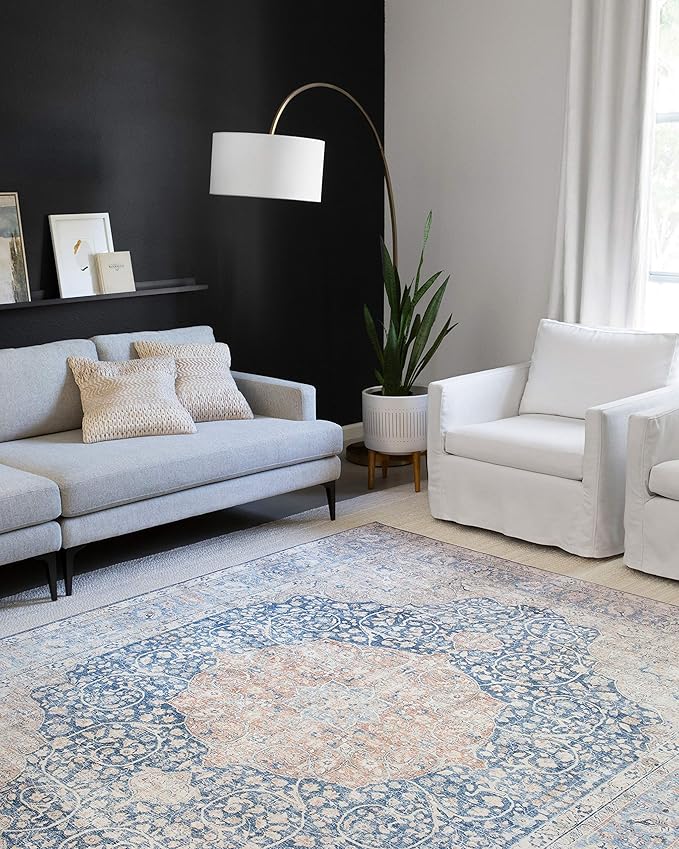 Loloi Layla Collection LAY-07 Blue/Tangerine 7'-6" x 9'-6" .13" Thick Area Rug - Image 2