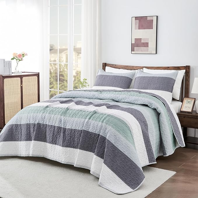 Andency Stripe Quilt Set Twin, 2 Pieces Mint Green Patchwork Striped Bedspread - Image 6