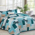 Xruibed Teal Quilt Set Queen Size 3 Pieces Plaid Floral Boho Bedspread Coverlet - Image 2