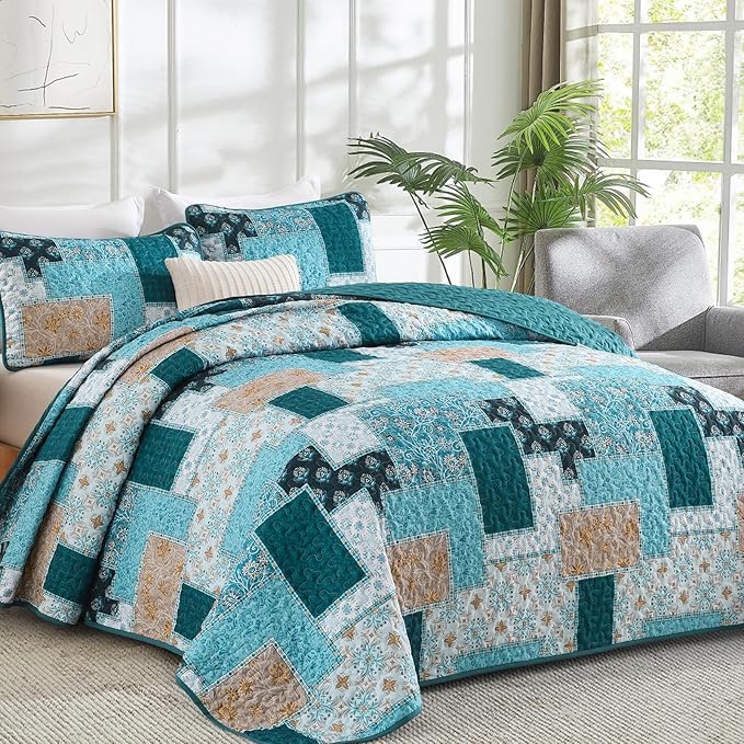Xruibed Teal Quilt Set Queen Size 3 Pieces Plaid Floral Boho Bedspread Coverlet - Image 2