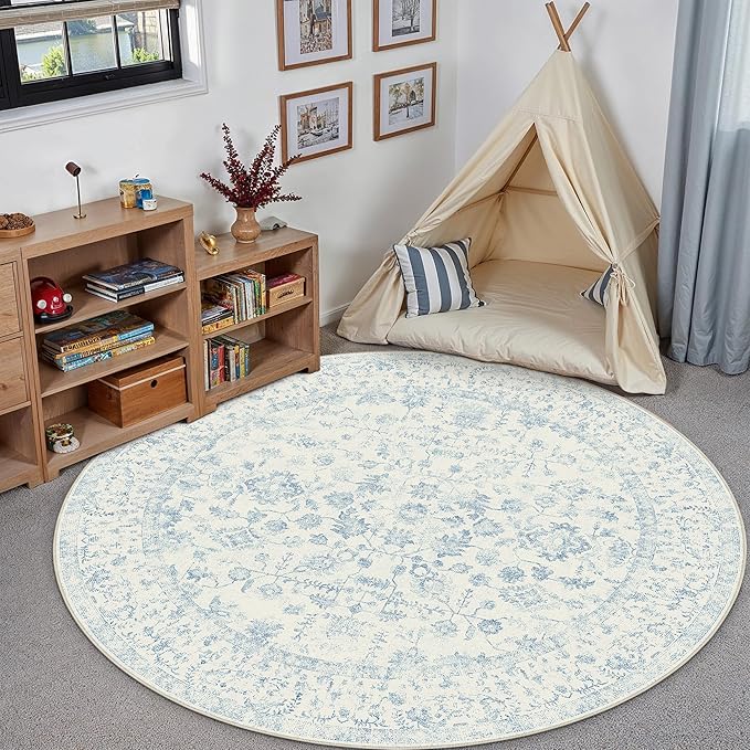 4ft Blue Round Area Rug Entryway Door Mat Small Circle 4x4 Kitchen Vintage by PureCozy