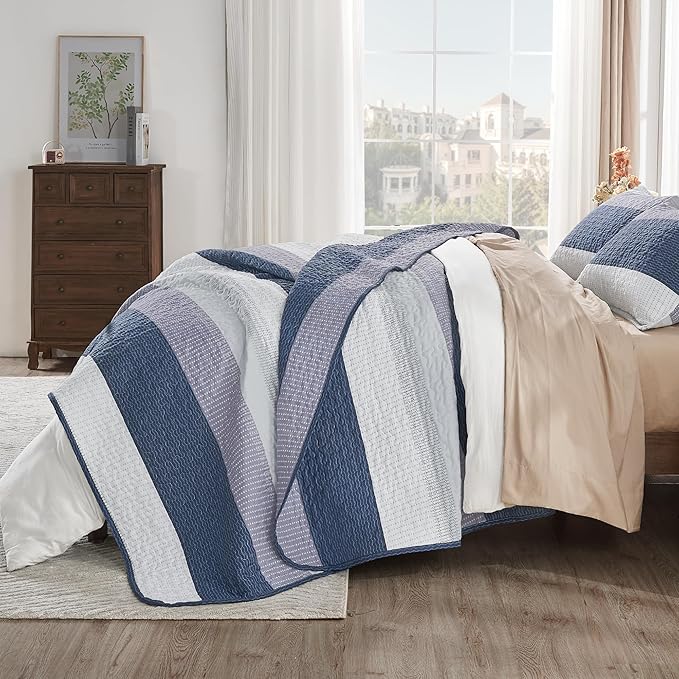 Andency Oversized King Quilt Set Mineral Blue, 128x120 Stripe Bedspread - Image 3