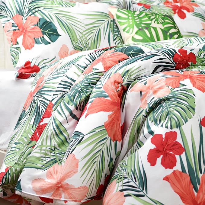 FADFAY Green Duvet Cover 100% Cotton Tropical Bedding Red Hibiscus Flower & - Image 3