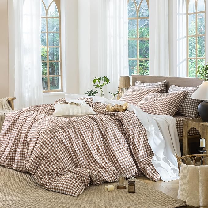 MooMee Gingham Duvet Cover Set 100% Washed Cotton Linen Like Textured - Image 3