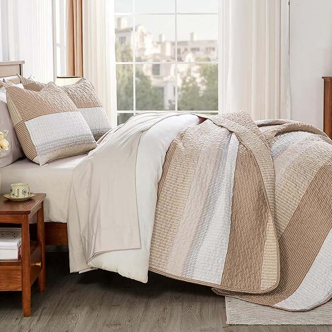 Andency Taupe Striped Quilt Queen, 3 Pieces Patchwork Bedspread Coverlet Set - Image 2
