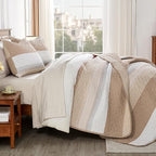 Andency Taupe Striped Quilt Queen, 3 Pieces Patchwork Bedspread Coverlet Set - Image 2