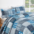 Xruibed Blue Quilt Set King Size 3 Pieces Plaid Floral Boho Bedspread Coverlet - Image 5