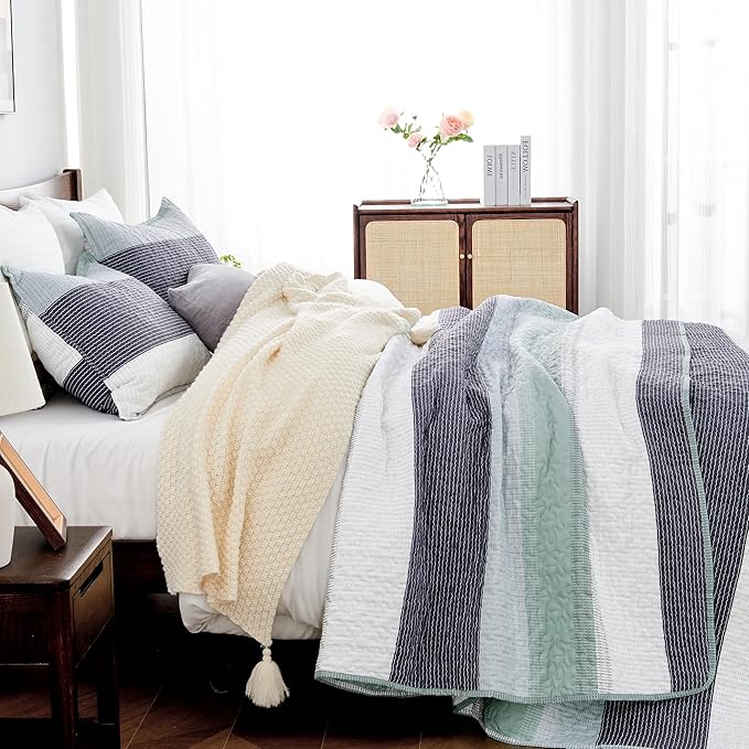 Andency Stripe Quilt Set Twin, 2 Pieces Mint Green Patchwork Striped Bedspread - Image 2