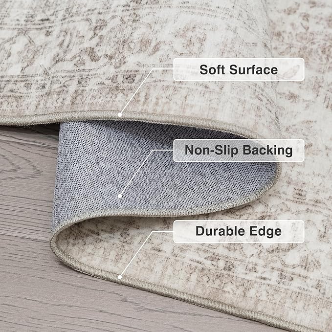 FMFUNCTEX 4x6 Washable Area Rug Neutral Vintage Beige Non Slip Low Pile - Image 4