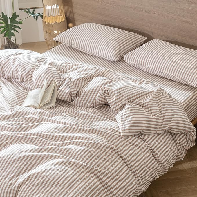 MooMee Striped Duvet Cover Set 100% Washed Cotton Linen Like Textured - Image 9