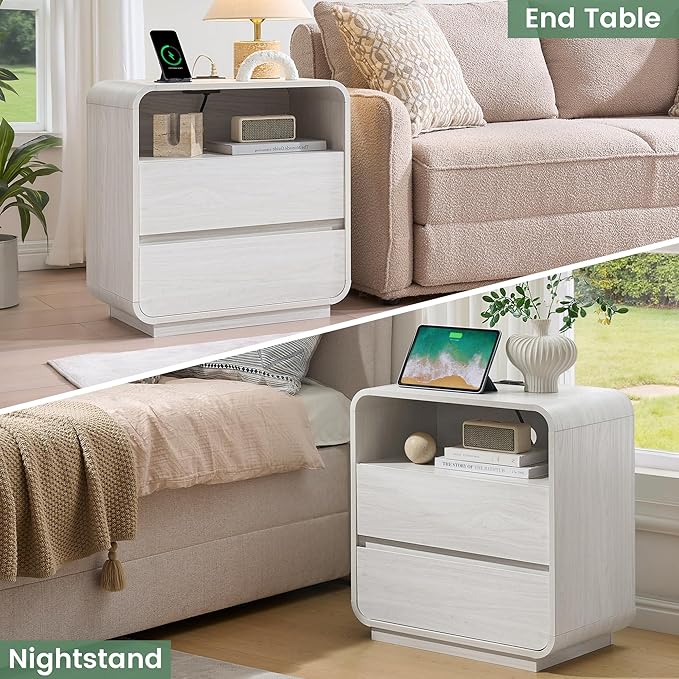 White Nightstand Set of 2 with Charging Station, 23.2" Wide Wood Bedside Table - Image 6