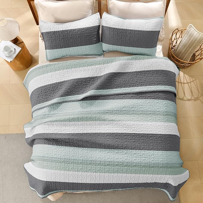 Litanika Oversized Queen Quilt Set Sage Green, 98x98 Stripe Bedspread Coverlet - Image 3