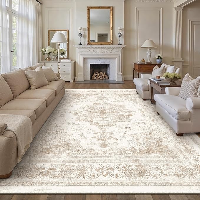 Area Rug 10x12 Cream Washable Living Room Beige Carpet Non Slip Vintage - Image 5