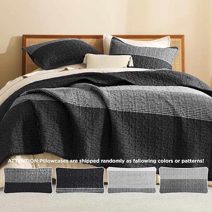 Litanika Oversized King Quilt Set Black and White, 120x120 Stripe Bedspread - Image 5