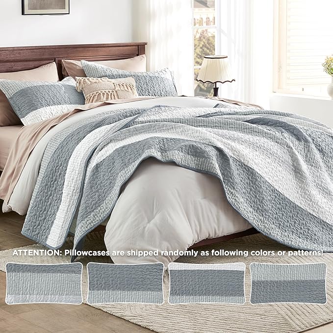 Andency Grey Striped Quilt Queen, 3 Pieces Patchwork Bedspread Coverlet Set - Image 8