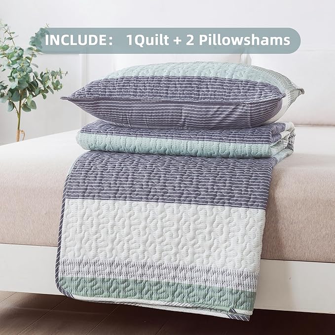 Andency Stripe Quilt Set Twin, 2 Pieces Mint Green Patchwork Striped Bedspread - Image 7