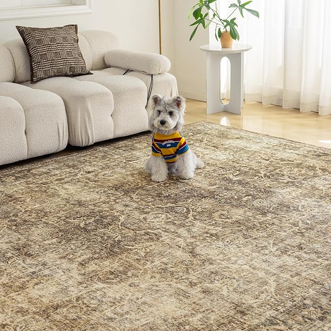 FMFUNCTEX 9x12 Washable Area Rug Brown Vintage Neutral Distressed Large Non - Image 5