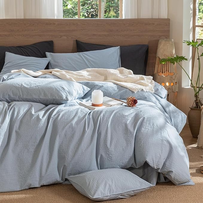 MooMee Wavy Striped Duvet Cover Set 100% Washed Cotton Linen Like Textured - Image 6
