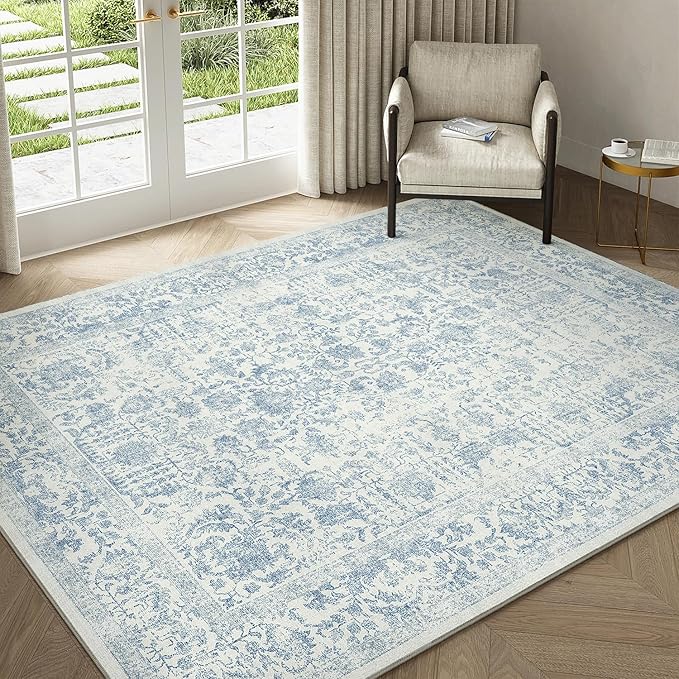 Blue Area Rug 5x7 Machine Washable Vintage Living Room Distressed Non Slip - Image 5