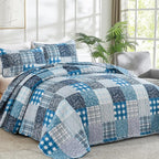 Xruibed Blue Quilt Set King Size 3 Pieces Plaid Floral Boho Bedspread Coverlet - Image 2