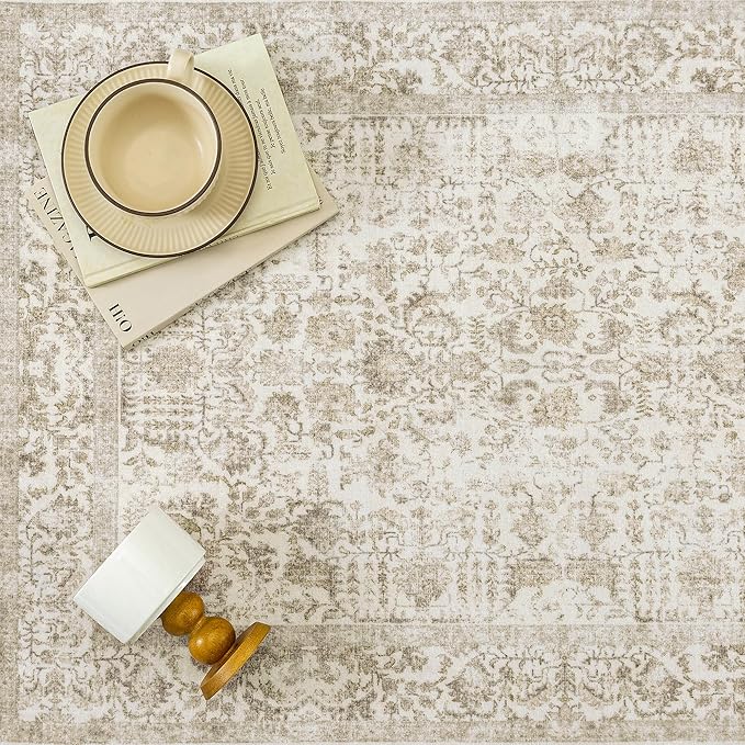 Light Brown Area Rug 10x14 Machine Washable Large Vintage Living Room - Image 7