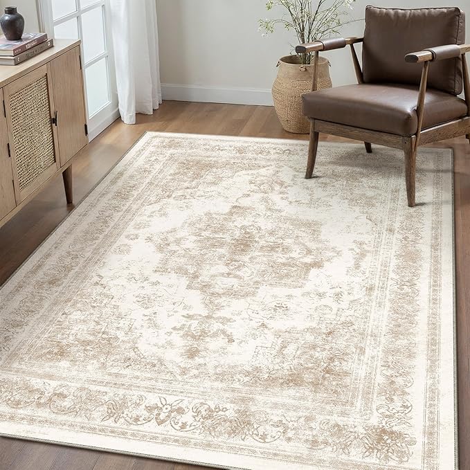 Area Rug 4x6 Cream Washable Office Entryway Vintage Medallion Beige Carpet Non by PureCozy