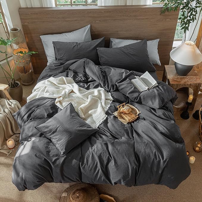 MooMee Wavy Striped Duvet Cover Set 100% Washed Cotton Linen Like Textured - Image 6