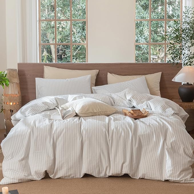 MooMee Striped Duvet Cover Set 100% Washed Cotton Linen Like Textured by MOOMEE