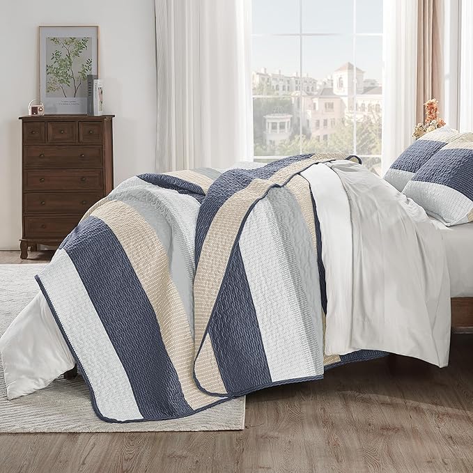 Andency Queen Quilt Bedding Set Yellow Blue, 3 Pieces Patchwork Summer Striped - Image 4