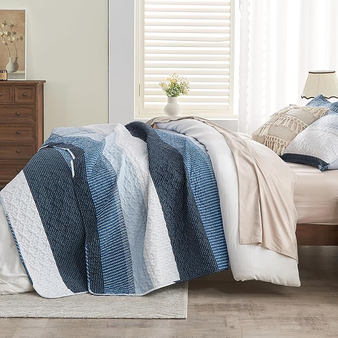 Andency Navy Blue Striped Quilt Set Cal King, 3 Pieces Patchwork Bedspread - Image 4