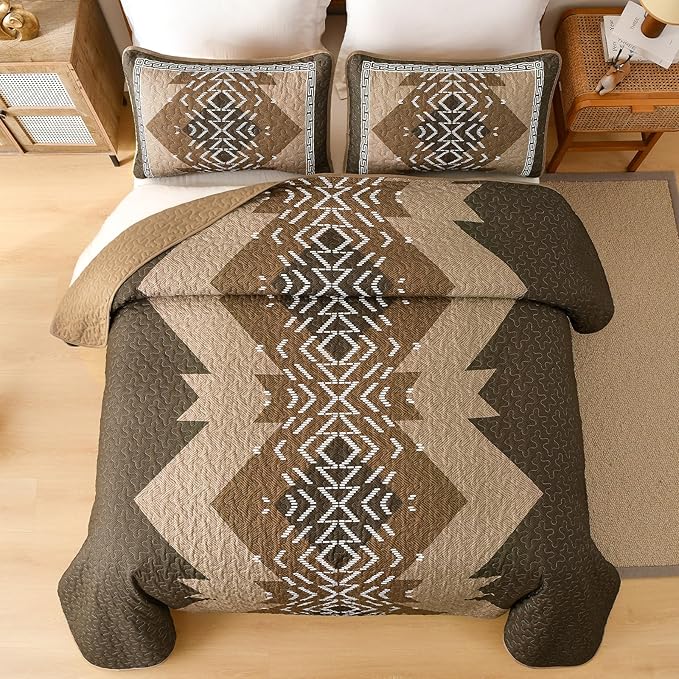 Dintszyayue Brown Quilt Set Queen Size, 3 Piece Boho Aztec Texture Bedspread - Image 3