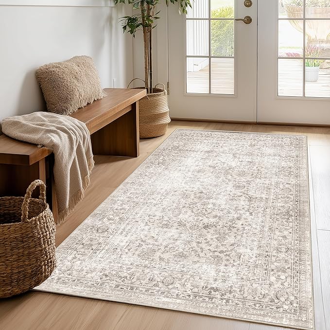 FMFUNCTEX 3x4 Washable Area Rug Beige Vintage Neutral Non Slip Low Pile by Fmfunctex