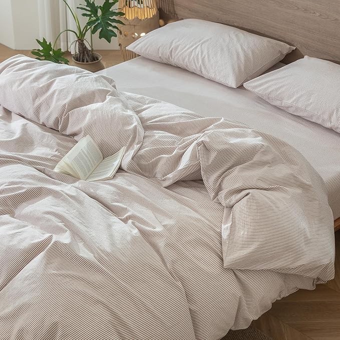 MooMee Striped Duvet Cover Set 100% Washed Cotton Linen Like Textured - Image 9