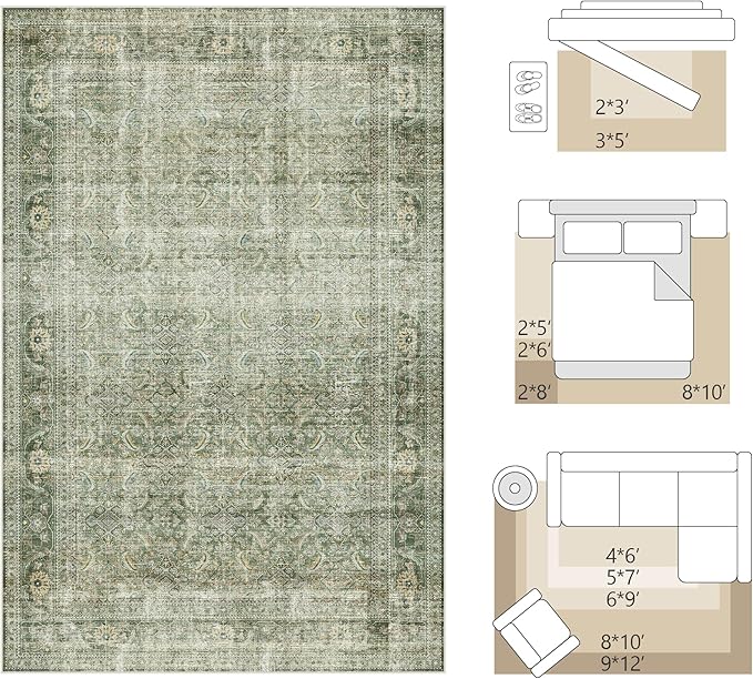 FMFUNCTEX 2x6 Runner Rug Green Vintage Neutral Washable Distressed Non Slip Low - Image 2