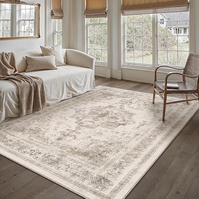 Area Rug 4x6 Beige Washable Office Entryway Vintage Medallion Carpet Non Slip by PureCozy