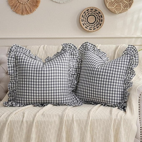 2 Pack Grey/White Plaid Ruffled Throw Pillow Sham 20 x20 inches, Washed Cotton by Qilunn