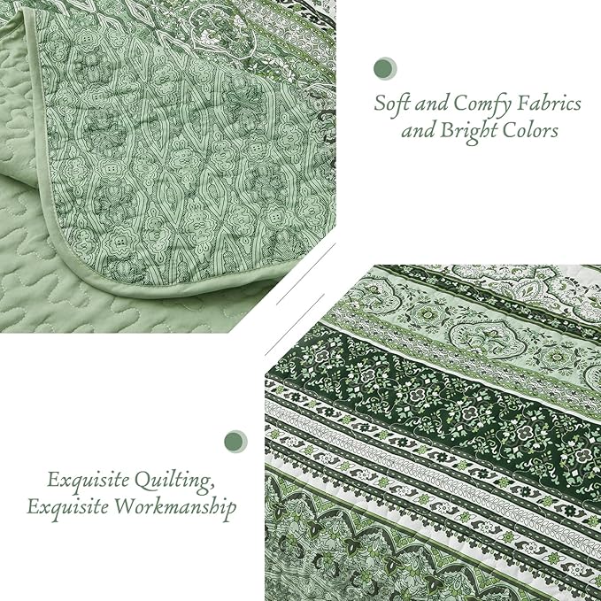 WONGS BEDDING Boho King Quilt Set, Light Green Bohemian Quilt Bedding Set - Image 5