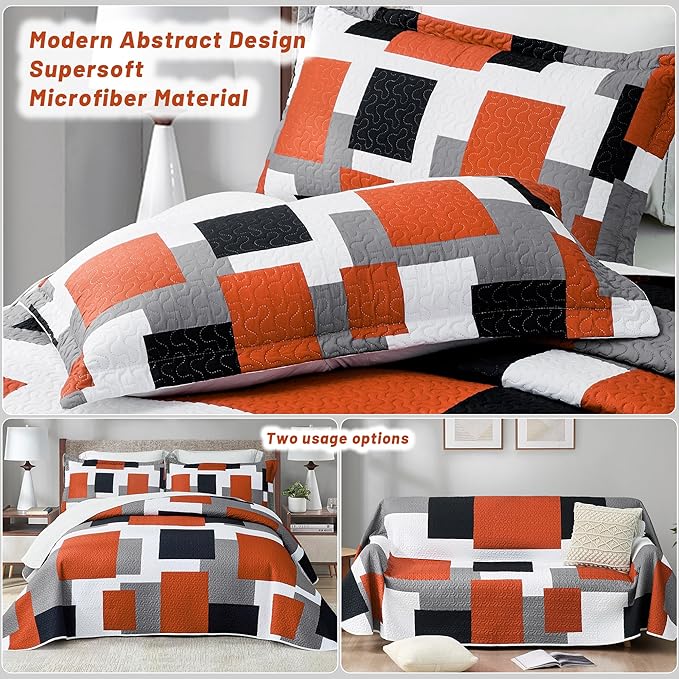 Tyrot 3 Piece Orange Grey Quilt Set King Size Black White Gray Geometric - Image 3