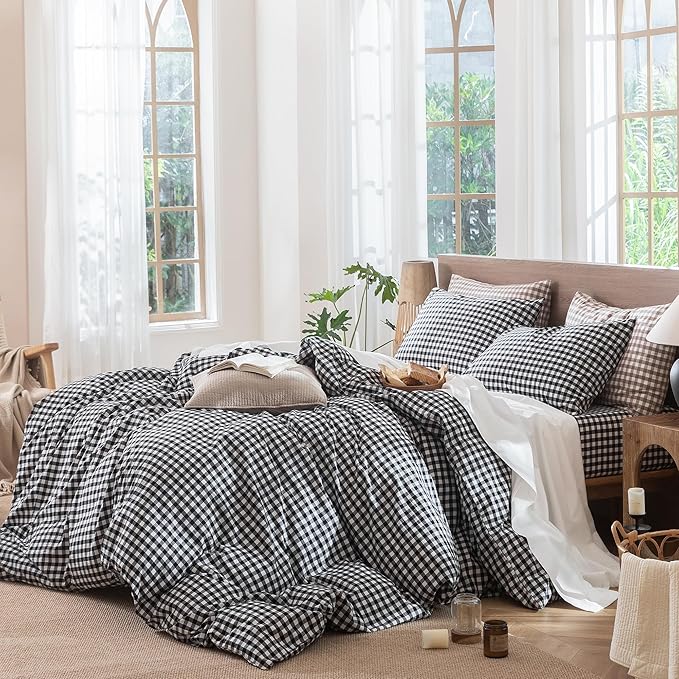 MooMee Gingham Duvet Cover Set 100% Washed Cotton Linen Like Textured - Image 3