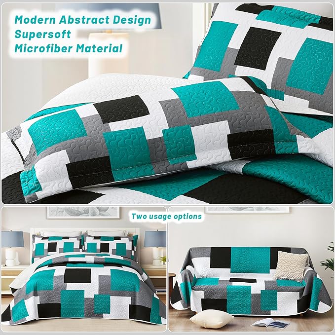 Tyrot 3 Piece Teal/Turquoise Quilt Set California King Size Black Grey - Image 3
