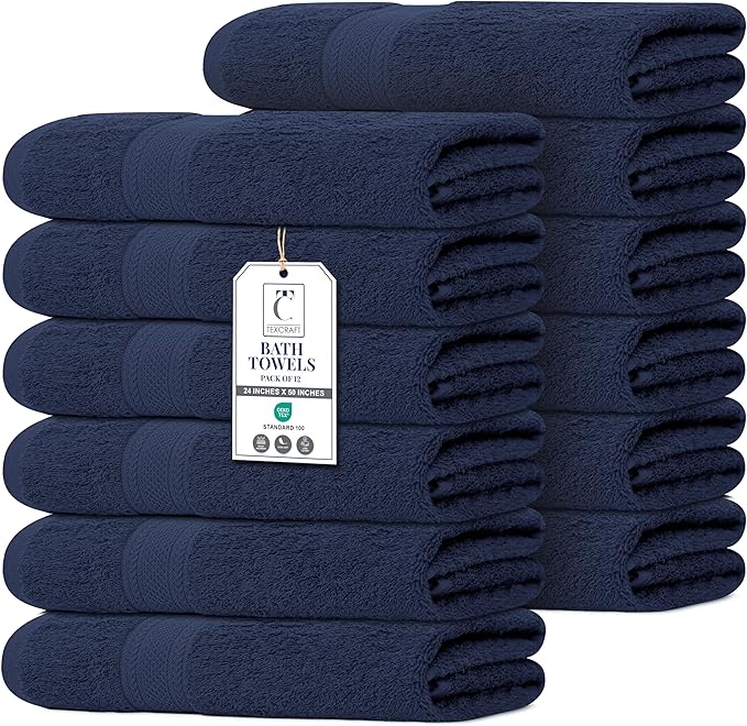 Commercial Bulk Pack of 12 Large Bath Towels – 100% Cotton Terry 24" x 50" – by TEXCRAFT