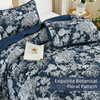 WONGS BEDDING Quilt Set Queen Size, 3 Pieces Navy Blue Floral Plants Printed - Image 3