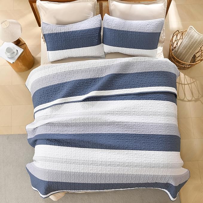 Litanika Oversized King Quilt Set Mineral Blue, 128x120 Stripe Bedspread - Image 3