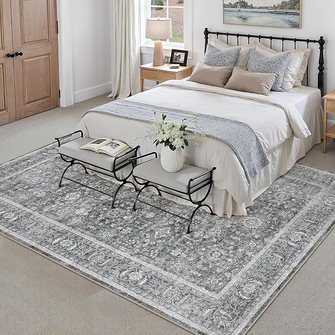 Blue 8x10 Area Rug Non Slip Large Vintage Living Room Distressed Machine - Image 5